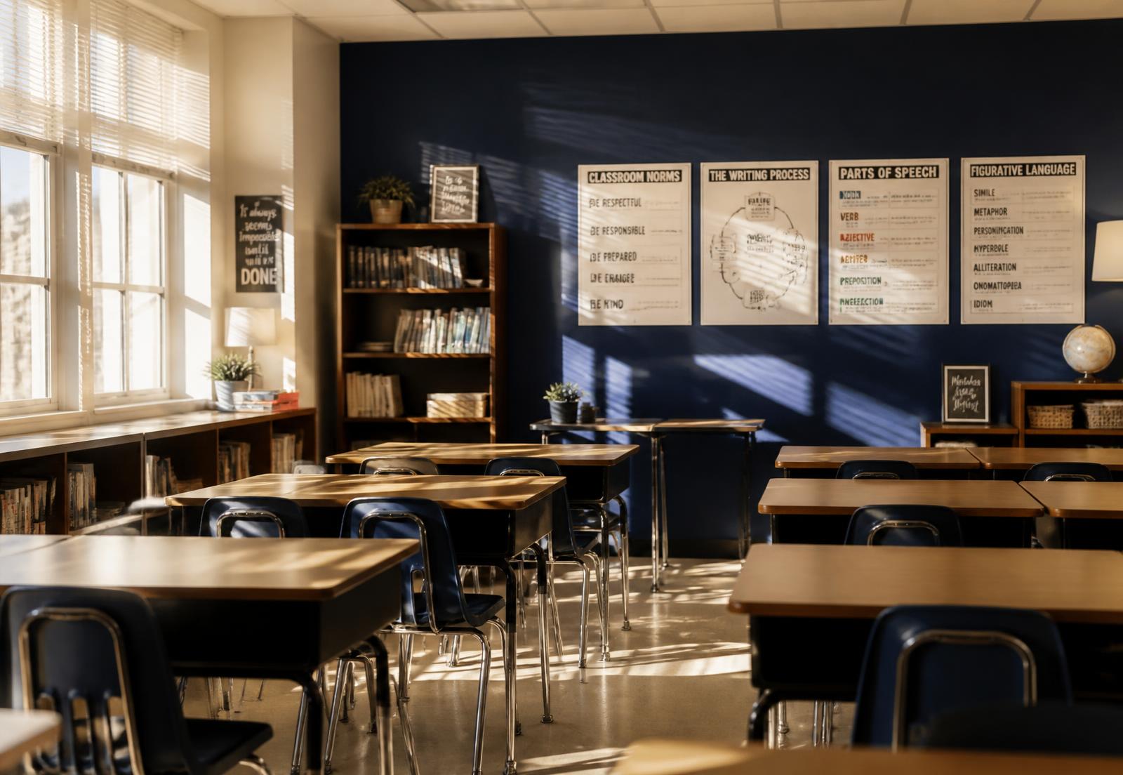 An intentionally arranged classroom with desks in neat rows, learning objectives posted on the board, and clear behavioral norms visible on the walls