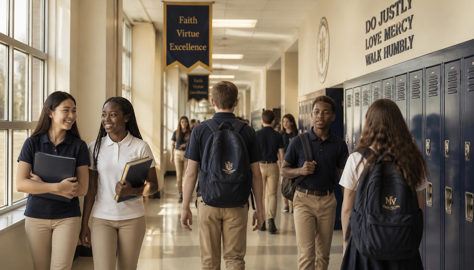 Students walk calmly and respectfully through a clean school hallway between classes, reflecting a culture of clear routines
